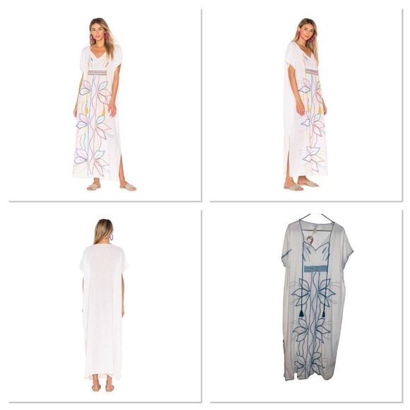 STAR MELA WOMEN WHITE BLUE EMBROIDERED FLORAL TRELLA KAFTAN MAXI COVER UP MEDIUM - Picture 1 of 12